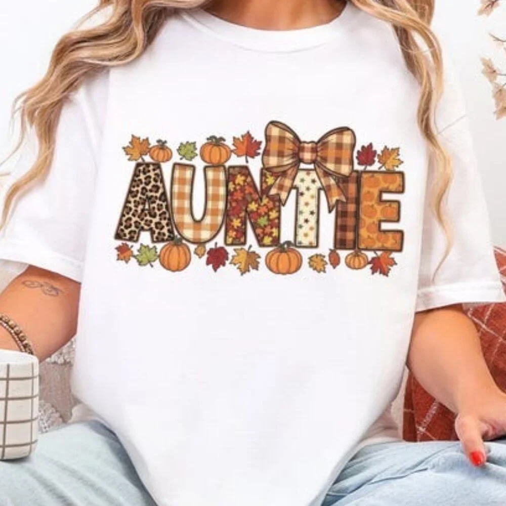 Fall Pumpkin Bow Tee Autumn Aunt Top Thanksgiving Shirt - Picture 1 of 4